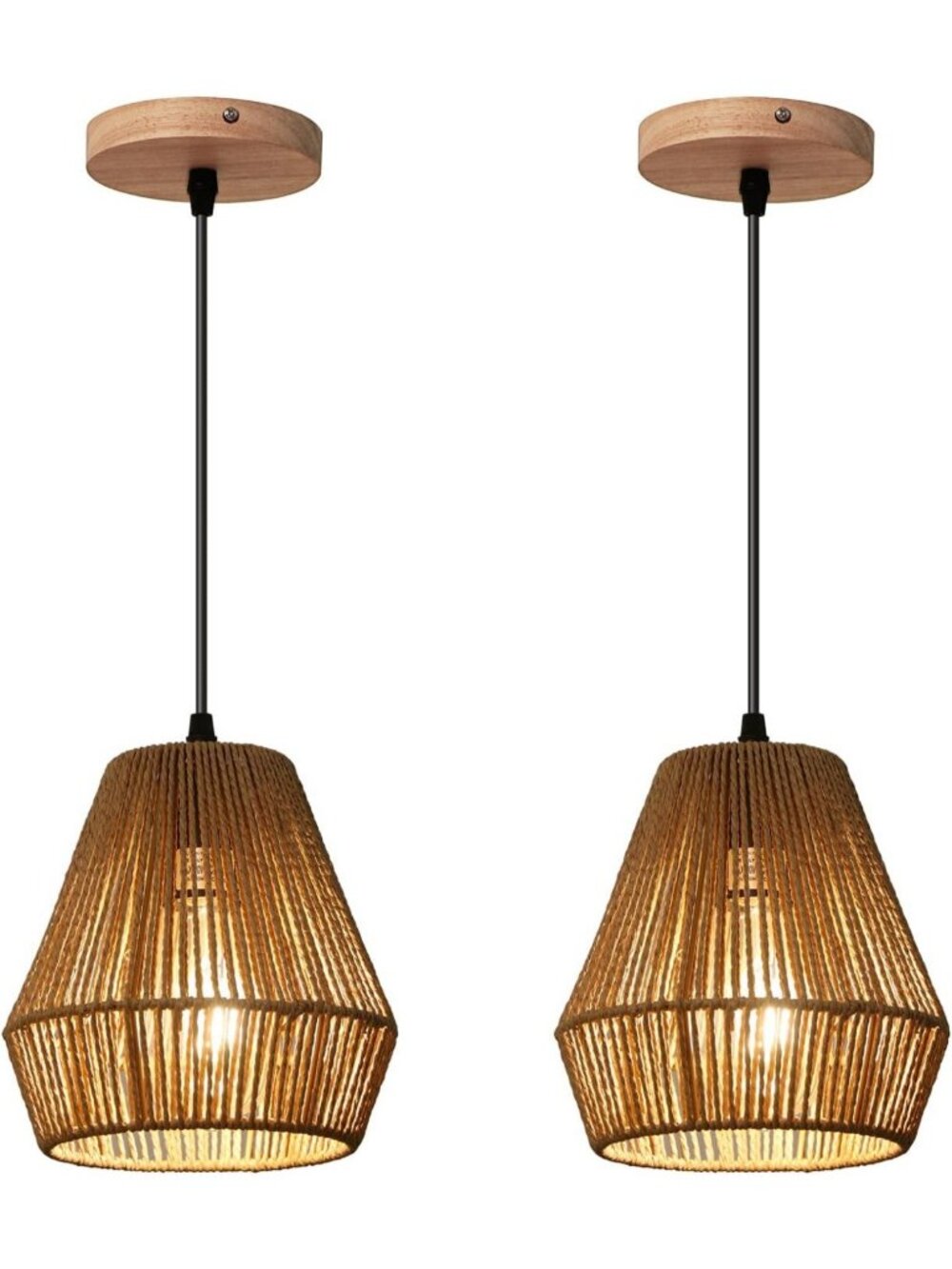 Boho Woven Rattan Pendant Lights - 6.7'' Hanging Fixtures, 2 Pack for Home Decor